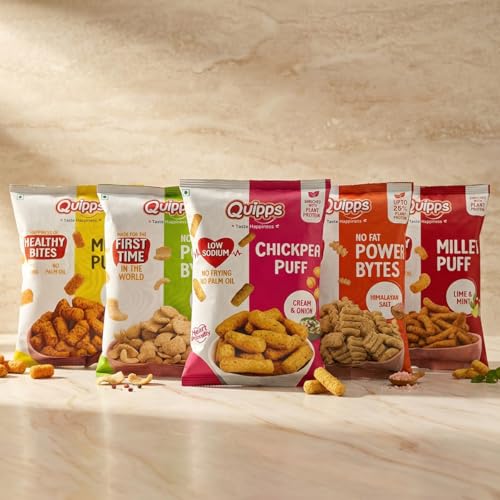 Image of Quipps Healthy Puffs Trial Pack Combo | Non-Fried Roasted Puffs Snack | Plant Protein & Gluten Free | Non-GMO, Heart-Friendly | Low Sodium, No Palm Oil | Low Calorie, High Fiber Healthy Crunchy Snack for Office, Travel & Evening Munching | 5 Flavours | Pack of 5 (60g Each)