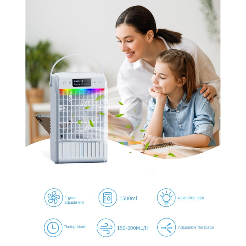 Climatiseur Portable, Ventilateur, Refroidisseur d'air par Évaporation, Humidificateur avec 3 Vitesses, 7 Couleurs pour Chambre de Camping, Installation Facile, Facile à Utiliser