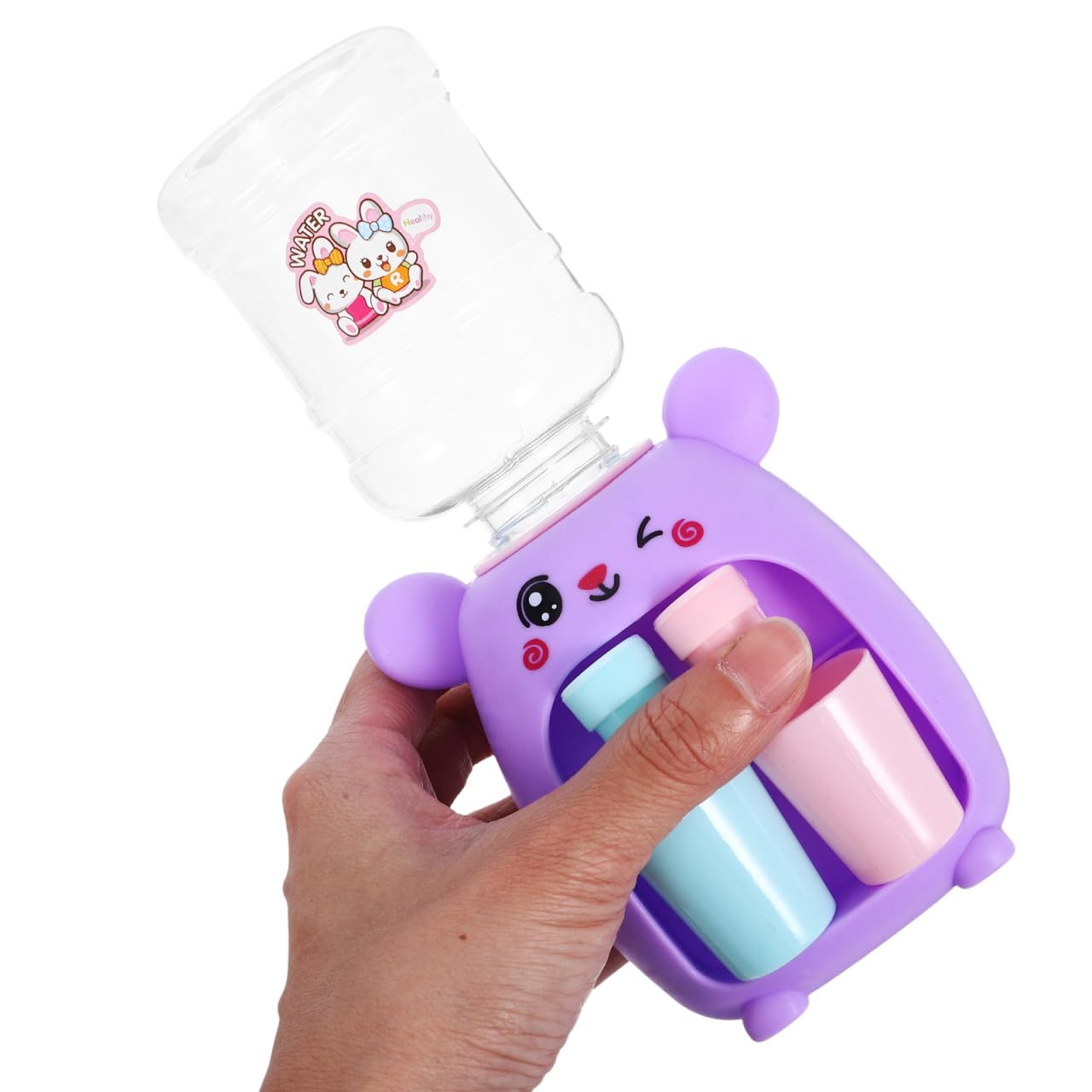 Mini distributeur d'eau pour enfants : machine à eau en plastique avec deux prises – Améliore la créativité et la coordination œil-main, design animal mignon pour jouer et décorer la chambre (violet