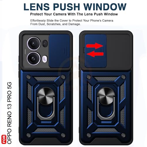 Image of Armor Bumper Back Cover Case for Oppo Reno 13 Pro 5G | Rotating Camera Cover, Ring Holder & Kickstand | Heavy Duty & 360 Degree Protection Oppo Reno 13 Pro 5G Back Cover (Blue)