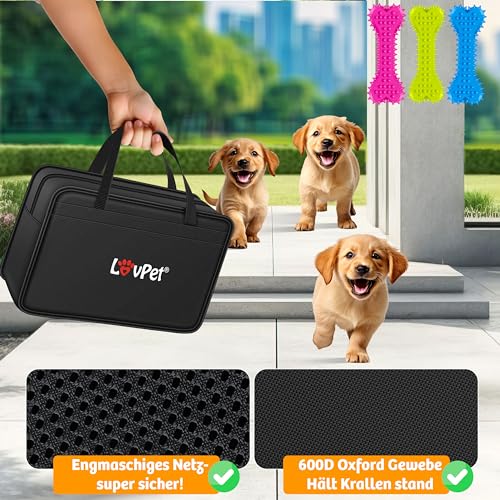 LOVPET® Welpenlaufstall drinnen draußen Welpenauslauf Hunde-Käfig Oxford-Gewebe Tier-Laufstall Kleintier Katzen Freigehege Rahmen PVC-Rohr mit Tasche, 3X Kauknochen & 10 Pad, M 72x72x43cm, Grau