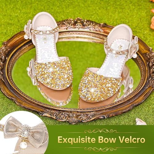 Image of Motasha Sparkly Girls Dress Shoes Kids High Heels Toddler to Big Kid | Glitter Closed Toe, Rhinestone Bow Straps, Hook-and-Loop Closure, Low Heel, Anti-Slip Outsole for Wedding Birthday Parties