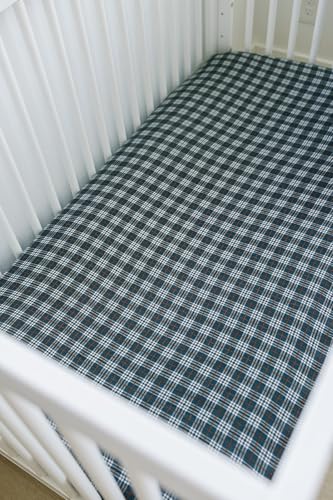 Image of Navy Plaid Muslin Crib Sheet by Mebie Baby, Soft and Breathable Bed Sheets for Babies, Modern Neutral Bedding for Cribs, Standard Crib Mattress Fitted Sheet, Great for Boy or Girl Room or Nursery