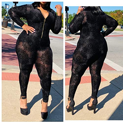 Uni Clau Women's Sexy Plus Size See Through Jumpsuit Sheer Mesh Bodycon Floral Jumpsuit Plus Size Clubwear Rompers #TOP2