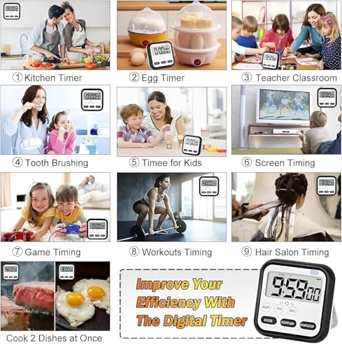 Image of Digital Timer & Stopwatch with Large LCD Screen, Magnetic Back & Retractable Stand, Loud Alarm Countdown Timer for Students, Kitchen & Office (Black)