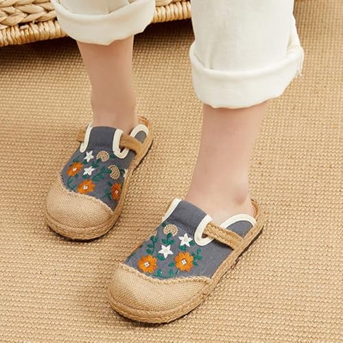 Hee grand Women's Embroidered Espadrilles Slip On Mule Slippers Ethnic Style Cotton and Linen Flats Retro Chinese Style2