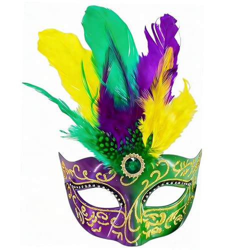 KIPETTO Mardi Gras Mask with Feathers Carnival Mask Womens Masquerade Costume Masks for Mardi Gras Decoration Venetian Halloween Party Favors Green