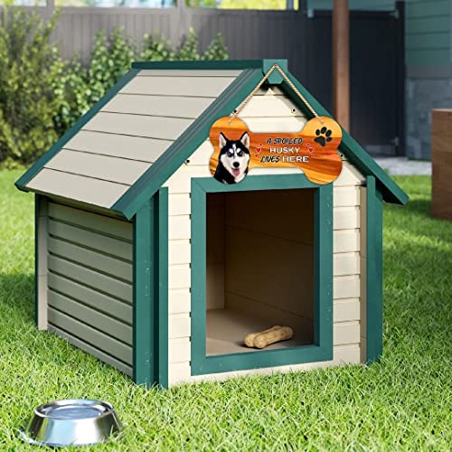 Image of CVANU Laser Cut MDF Wooden Cute Dog Sign Plaque Bone Design A Spoiled Husky Lives Here Animal Love Sign Board, Name Plate for Dog House Black & White, Size(10x5) inch