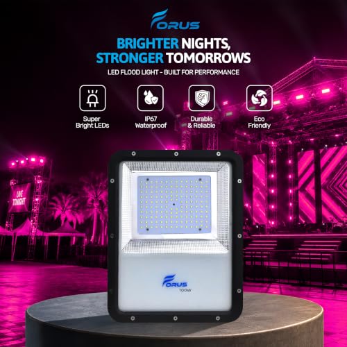 Image of Forus 100W LED Flood Light Outdoor, IP67 Waterproof Wall Mounted Outside Light, High Bright Pink LED Flood Light for Parking, Society, Industrial & Flood Lighting with 4 Year Warranty (1 Pc)
