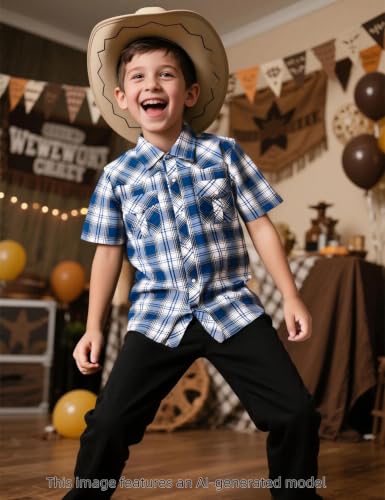 Image of COSLAND Boy's Toddler Cotton Western Short Sleeve Button Down Plaid Shirt, 4-14 Years
