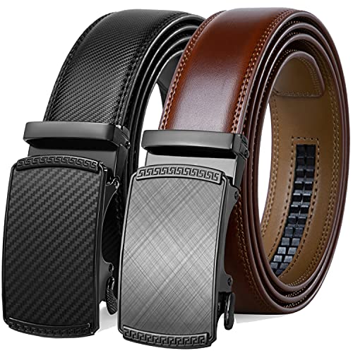 Image of Founders & C Mens Belt 2 Pack,Leather Ratchet Click Belt Dress with Slide Buckle 1 3 /8 inch in Gift Set Box- Size Adjustable