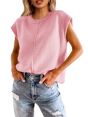 Womens Summer Cap Sleeve Tops Casual Crew Neck Loose Fit Knit Lightweight Sweater Pullover Top Pink