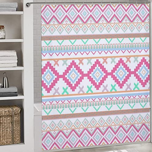 Nosarte Pink Teal Aztec Tribal Diamond Geometric Pattern Shower Curtain Liner Set Waterproof Polyester Fabric Bathroom Curtains With 12 Hooks, 72 X 72Inch #TOP2