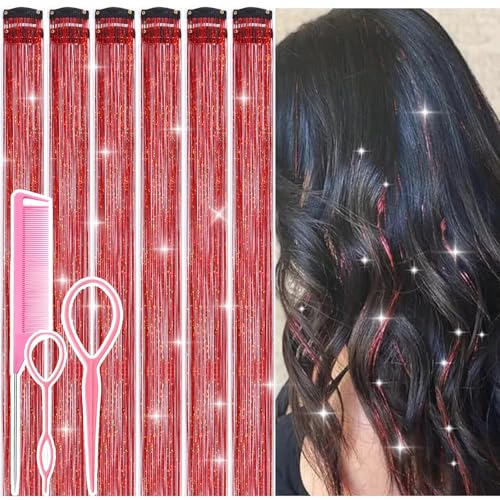 Hair Tinsel Clip in Red Fairy Hair Tinsel Kit 12 Pcs 24 Inch Glitter Clip in Hair Extensions for Girls Women Kids Christmas New Year Festival Party (Red)