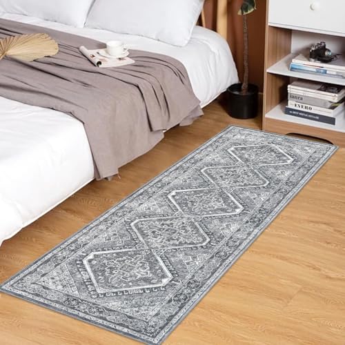KUTA Oriental Washable Runner Rug, 2x5 Runners Non-Slip Vintage Grey 5ft Hallway Kitchen Rugs Ultra Soft Printed Distressed Tribal Farmhouse Carpet for Bedroom Entryway Decor
