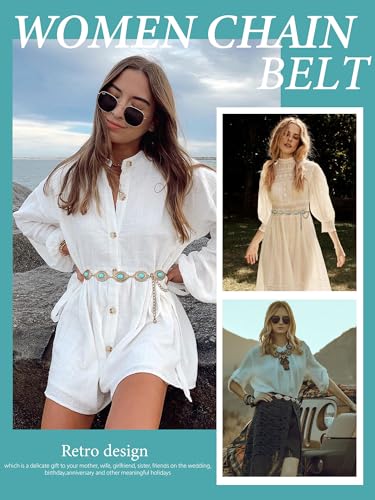 Image of FIORETTO Western Waist Chain Belt Metal Concho Belt for Women Cowgirl Cowboy Boho Country Belt for Dress Jean