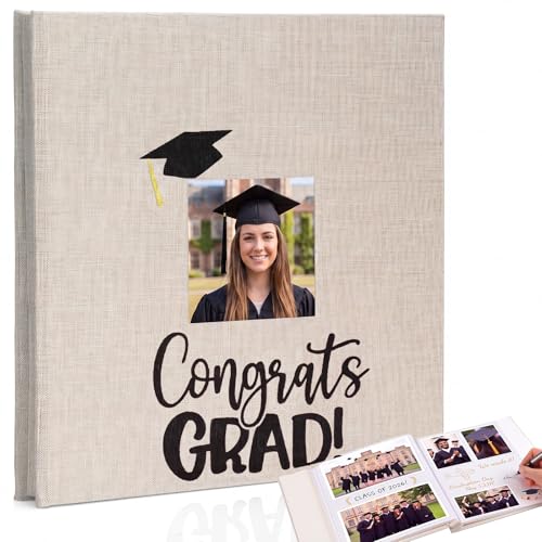Fumete Beige Class of 2026 Graduation Album Self Adhesive Photo Scrapbook 40 Pages 11.5 x 10.5 Inch Linen Memory Book with Cover Display Window DIY Album for School College Graduate Party Gift