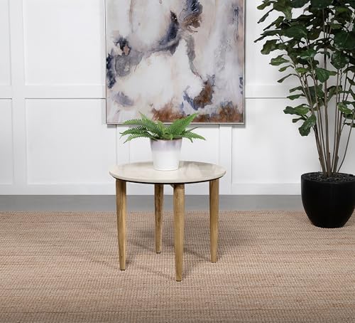 Coaster Home Furnishings - Aldis - Round Marble Top Side End Table with White Marble Top, Solid Mango Wood, Tapered Legs - Living Room - 22-Inch - White and Natural - 703717