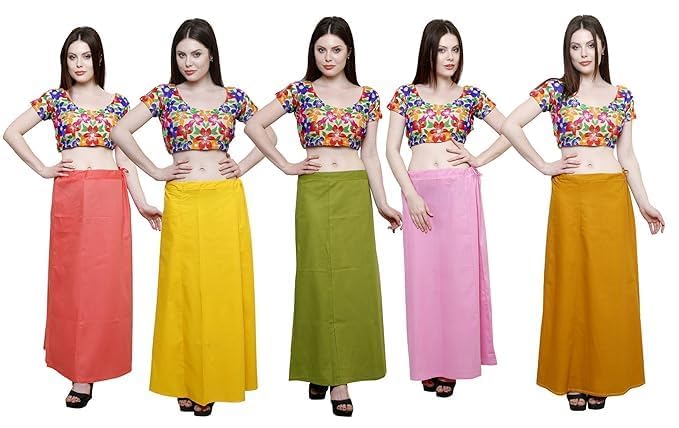 Image of Vlazom Women's Cotton Saree Petticoat - Pack of 5 Inskirts | Soft & Breathable Underskirts | Adjustable Drawstring Waist | Multicolor for Daily & Occasion Wear