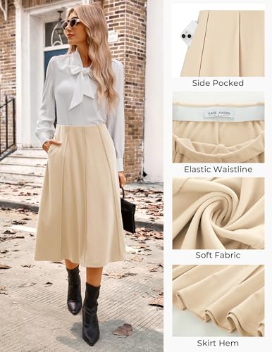 Kate Kasin Women's Beige Pleated Midi Skirt Summer 2026 Long High Waisted Knee Length Flowy A Line Casual Skirts with Pockets