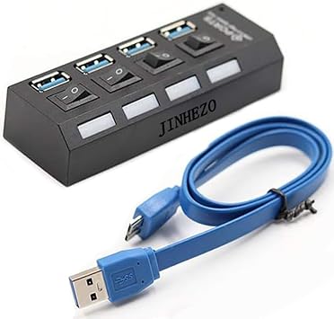 4-Port USB 3.0 Hub, Data USB Hub, 22 inch Extended Cable for MacBook, Mac Pro, Mac mini, iMac, Surface Pro, XPS, PC, Flash Drive, Mobile HDD with Individual LED Power Switches Black