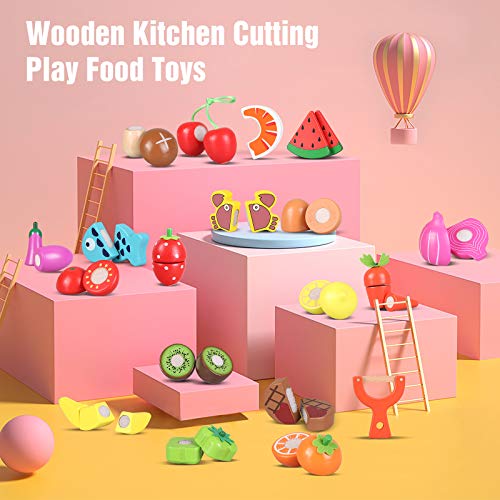 Wooden Cutting Cooking Food Playset, Kitchen Play Food Toys For Pretend Play Role-Play, Early Development Learning Toys With Carry Basket,Gift For Toddlers Boys And Girls #TOP3