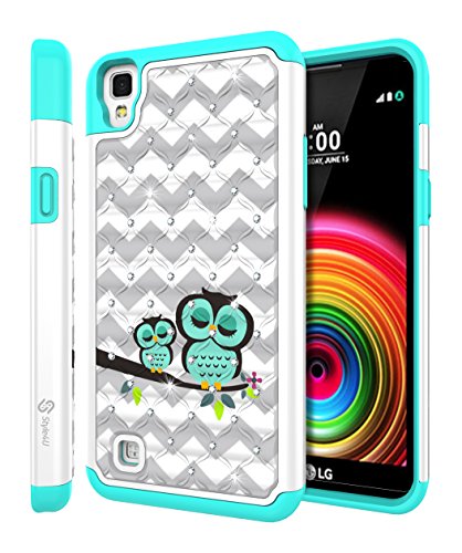 LG X Power Case, Style4U Cute Owl Studded Rhinestone Crystal Bling Hybrid Armor Case Cover for LG X Power with 1 Style4U Stylus [White/Teal]