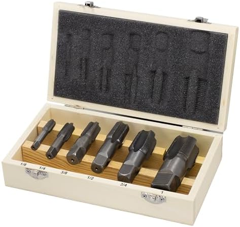Drill America - DWTPT1/8-1SET 6 Piece NPT Pipe Tap, Carbon Steel, DWTPT Series Set, 1/8", 1/4", 3/8", 1/2", 3/4" and 1" in Wooden Case