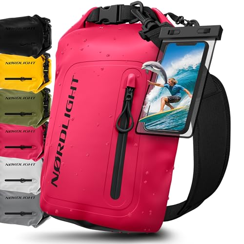 Nordlight Bolsa Estanca Impermeable + Funda para Móvil, Cierre Enrollable, Correa para Hombro | Drybag Mochila Impermeable Saco Estanco Bolsa de Transporte Náutica | Playa Sup - Rosa, 10 litros