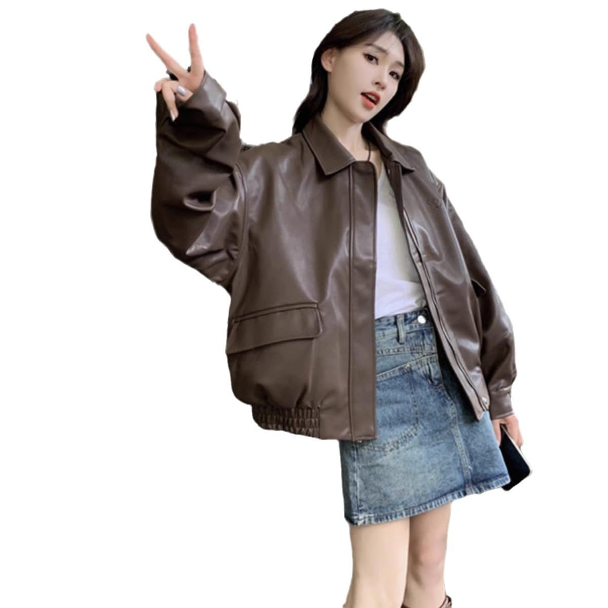 Amazon.co.jp: 女性のジャケット茶色の革ジャン女性秋の韓国版新型辛口