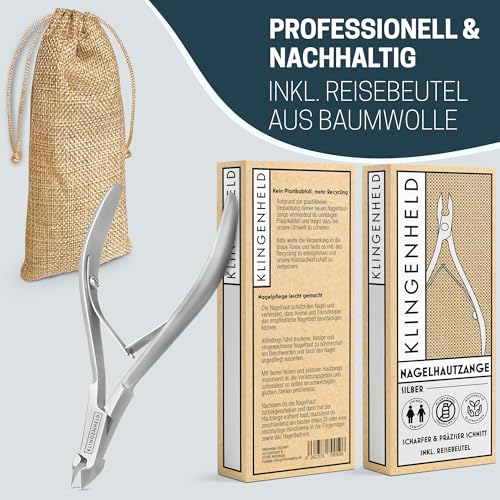 KLINGENHELD® Präzise Nagelhautzange - Sehr leichtgängig & extra scharf - inkl. Reisebeutel aus Baumwolle 100% plastikfrei & nachhaltig - Nagelhautschere, Nagelhautschneider