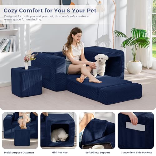Image of MAXYOYO Folding Sofa Couch, Convertible Floor Sofa with Armrest, Multifunctional Sofa with Pillow and Pockets, Boneless Couch for Living Room, Navy