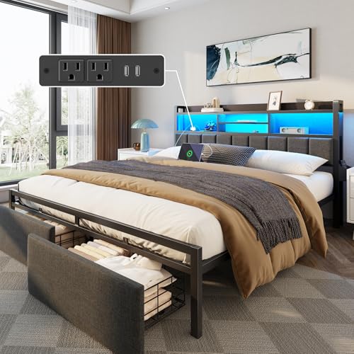 Image of Furnulem King Size Bed Frame with Headboard, Drawers, Charging Station, LED | 1200 lbs Capacity, Upholstered Headboard, No Box Spring Needed, Noise Free, Black, Metal Bed Frame