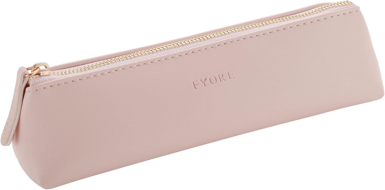 Fyore Luxury PU Leather Pencil Case Slim Design with Metallic Zipper Pocket Size for Pen Make Up Brush (Beige)