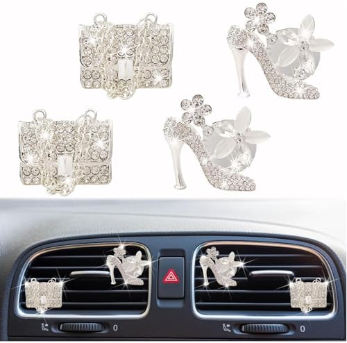 Image of 4Pcs Bling High Heel Shoe and Bag Air Vent Clips, Crystal Car Air Fresheners Vent Clips Car Diffuser Vent Clip Rhinestone Diamond Car Decoration Bling Car Accessories for Women，Interior Accessories