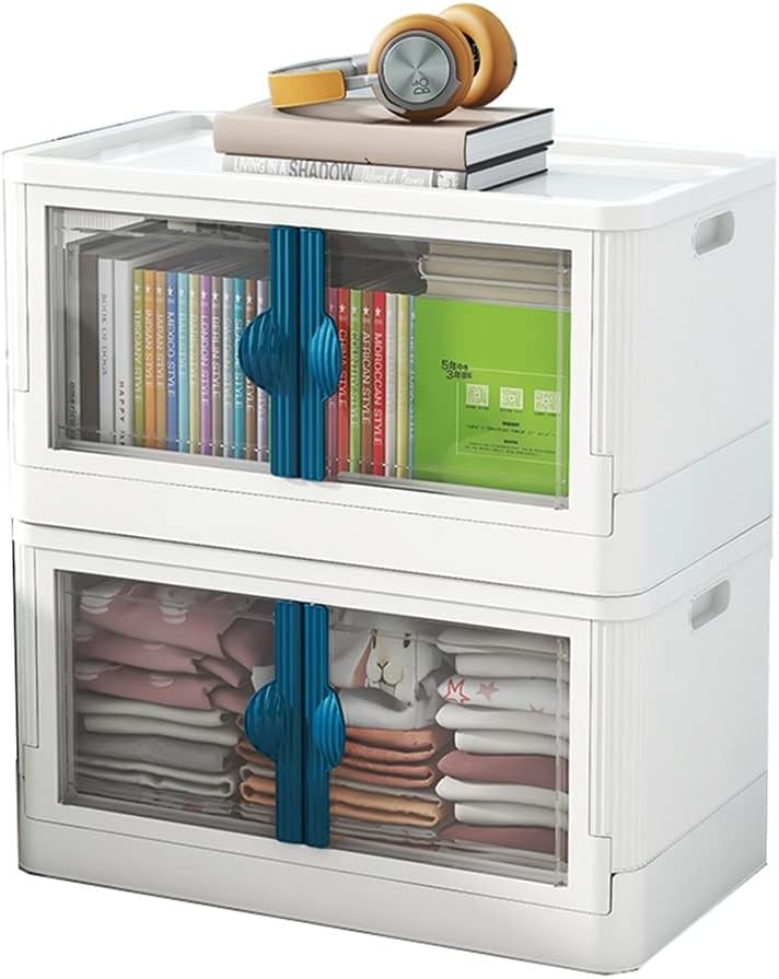 Stackable Under Bed Storage Container, Foldable Clear Storage Box with Portable Handle, Multifunctional Storage Cabinet, Heavy Duty Hand Truck (Blue 56x32x62cm)