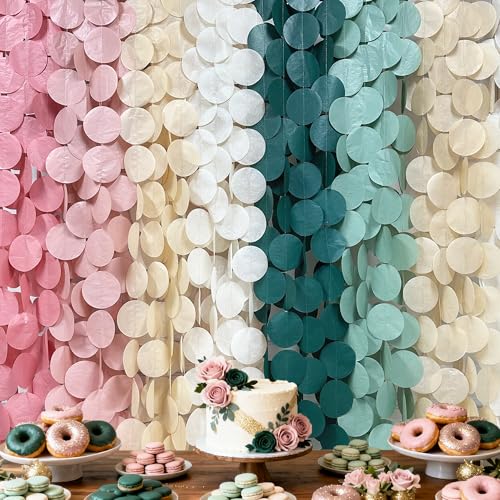 205 Ft Sage Green Dusty Rose Pink Khaki Beige Circle Dot Backdrop Garland Tissue Paper Polka Dots Hanging Streamer for Girl Wild Jungle Safari Woodland Baby Shower Birthday Party Decorations Supplies