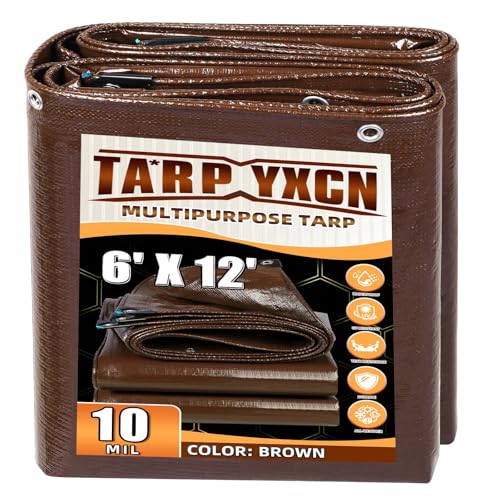 Brown Tarp 6x12 Feet, 10 Mil Thick Waterproof Poly Tarps Cover UV Resistant, Rip & Tear Proof with Metal Grommets Every 20 Inches