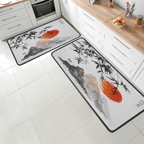 TropicalLife Bambus-Teppich mit roter Sonne, japanischer Teppich, 43 x 119 cm + 43 x 73,6 cm, 2er-Set, japanischer Teppich für Wohnzimmer, Schlafzimmer, Küche, waschbar, rutschfeste Bodenmatte
