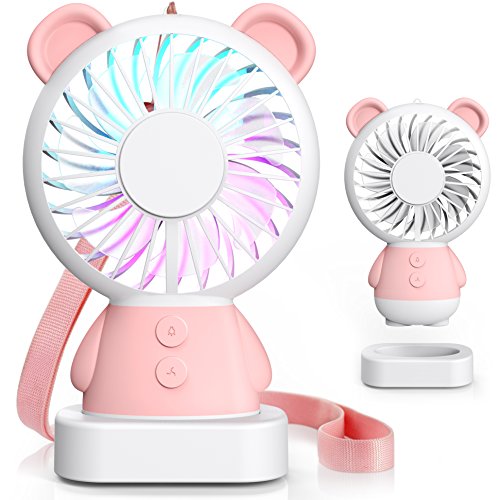 USB Fan, Tintec Adorable & Cute USB Rechargeable Fan, Small Personal Necklace Fan with Multi-Color LED Light, 2 Adjustable Speeds, Perfect for Indoor or Outdoor Activities (pink)