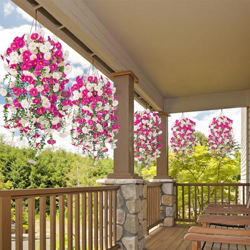 Image of Bassion 2 Packs Artificial Hanging Flowers for Outdoors, Mixed Purple | UV resistant fake petunias, realistic faux plants, hanging morning glory, home patio porch garden planter outdoor decor