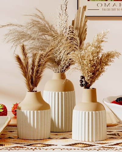 Beige Decorative Vase Set of 3 - Modern Boho Style Ribbed Ceramic...