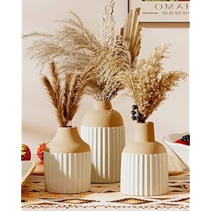 Beige Decorative Vase Set of 3 – Modern Boho Style Ribbed Ceramic Bud Vases for Flowers, Mini Small Vases for Shelf, Shelves, Bookshelf, Entryway Table & Home Decor Aesthetic (Beige White)