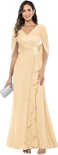 Women's Mother of The Bride Dresses for Wedding Chiffon Beaded Ruffle Formal Evening Dress with Cape