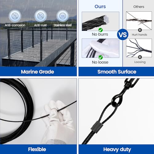 Muzata 400 ft 1/8" Black Stainless Steel Cable Railing System Hardware T316 Stainless Steel Wire Rope 7x7 Strands 1800 lb Breaking Strength Black Cable Railing Kit for Indoor Outdoor WR19 by Muzata - Image 4