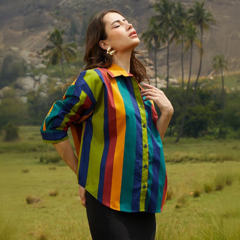 Image of PINACOLADA Women's Solid Oversized Shirt for Casual Wear | Spread Collar | Long Sleeve | Button Closure | Oversized Shirt Crafted with Comfort Fit for Everyday Wear