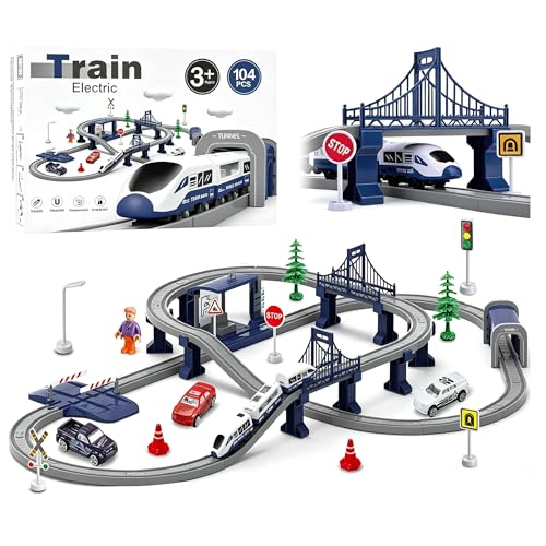 Wdmiya Train Sets for Boys 4-7, 104 Pcs Battery Operated Train Set with Tracks(Magnetic Connection), Compatible with Thomas, Brio, Chuggington, Gifts for 3 4 5 6 Years Old (City Blue 104 Pcs)