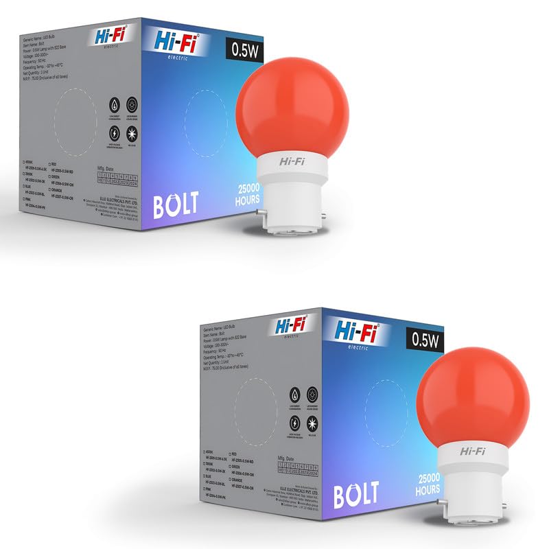 Image of Hi-Fi 0.5W LED Bulb (Red) B22 Base | Energy Efficient Zero Watt Light | Decorative Night Lamp for Home, pooja room light & Bedroom Zero Blub (Pack of 2)