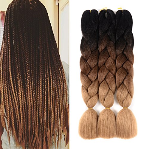 3Pcs/Lot Synthetic Braiding Hair Extensions Kanekalon Hair Ombre Twist Braiding Hair High Temperature Hair Extensions 100g/Pc 24" (60CM) (Black-dark brown-light brown)