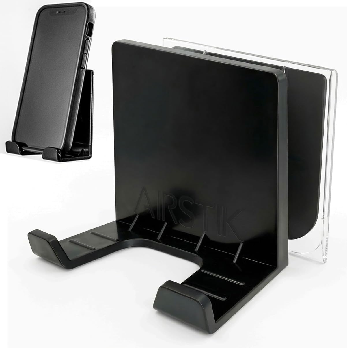 AIRSTIK Cell Phone Holder for Glass Shower, Mirror & Window | Suction Mount Universal Modular New Removable Back Plate | Reusable Waterproof for Bathroom, Kitchen, Dorm, Gym Made in USA (Black)